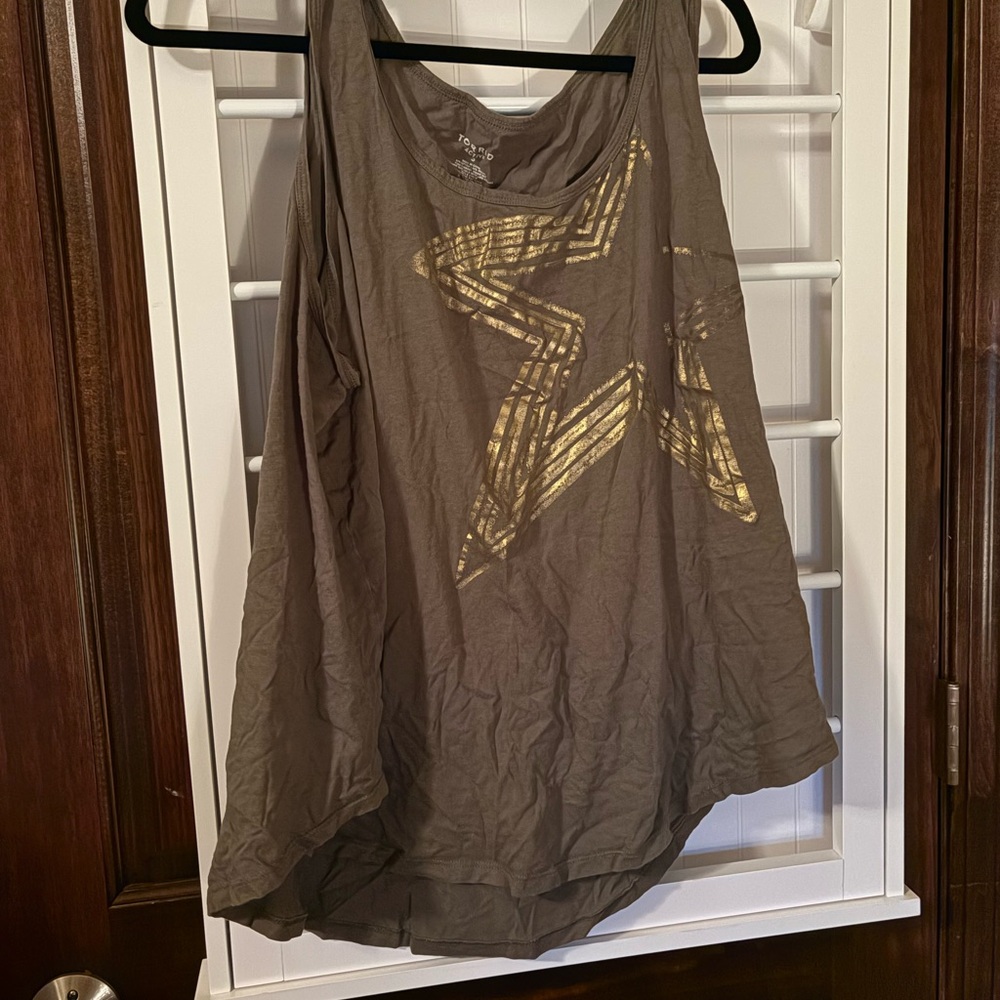 Torrid Brown Asymmetrical Sleeveless Tank Top with Gold Design